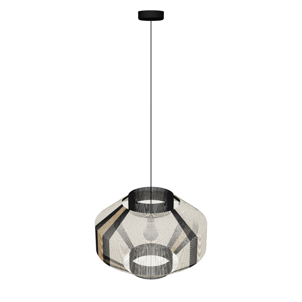 Handmade geometric pendant lamp made from sustainable paper threads, featuring a Pantone-based palette of Stretch Limo, Bone Brown, and Bone White stripes — WADA NO.1 by Studio Ponce.