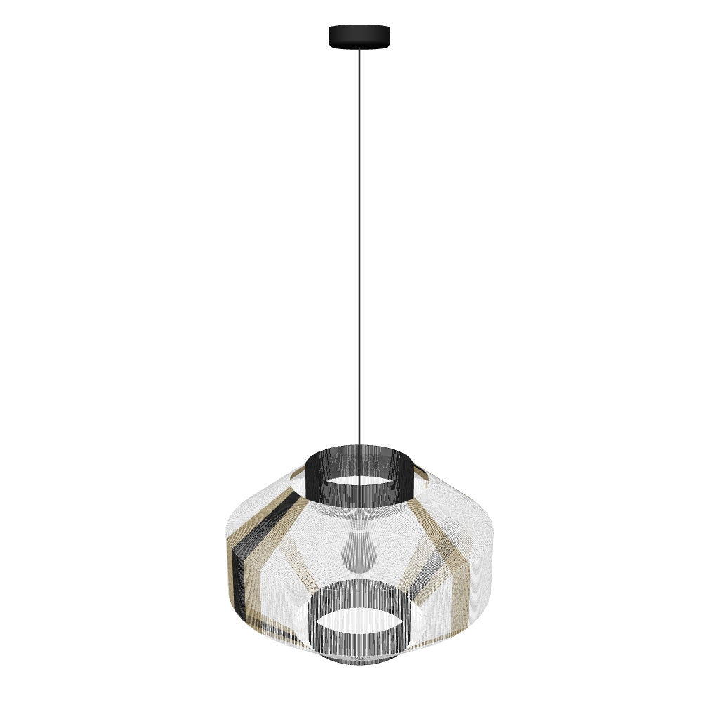 Handmade geometric pendant lamp made from sustainable paper threads in white, raw sienna, and black stripes - WADA NO.10 by Studio Ponce.