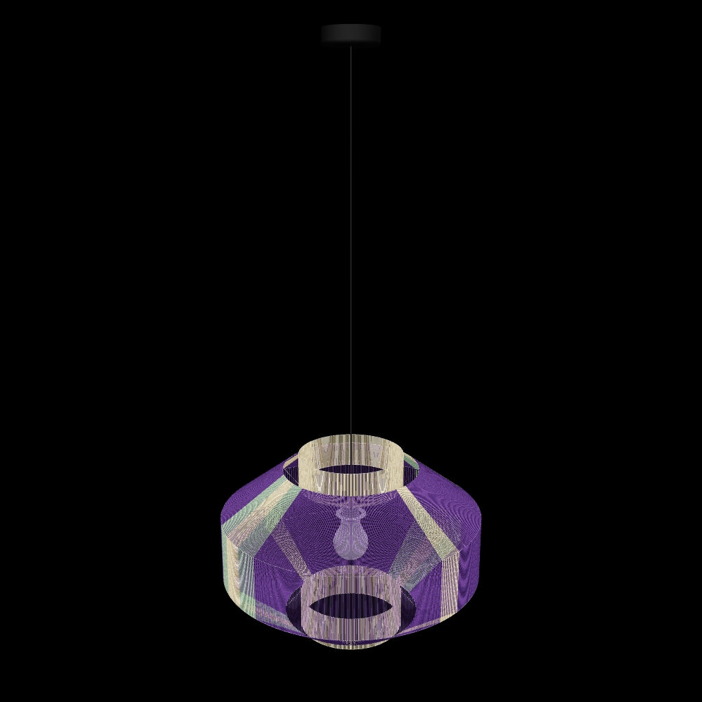 Handmade geometric pendant lamp made from sustainable paper threads in plum, light pinkish cinnamon, and dark greenish glaucous stripes - WADA NO.2 by Studio Ponce.
