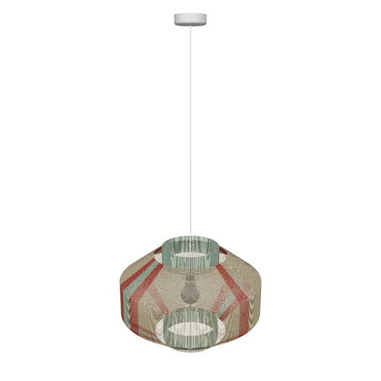 Handmade geometric pendant lamp made from sustainable paper threads in light pinkish cinnamon, spectrum red, and dark greenish glaucous stripes - WADA NO.3 by Studio Ponce.