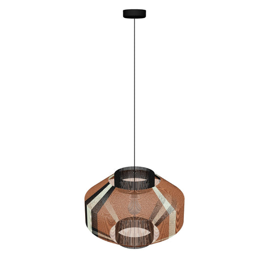 Handmade geometric pendant lamp made from sustainable paper threads in burnt sienna, olive buff, and black stripes - WADA NO.4 by Studio Ponce.