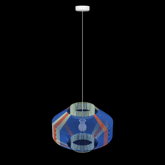 Handmade geometric pendant lamp made from sustainable paper threads in blue, spectrum red, and dark greenish glaucous stripes - WADA NO.6 by Studio Ponce.