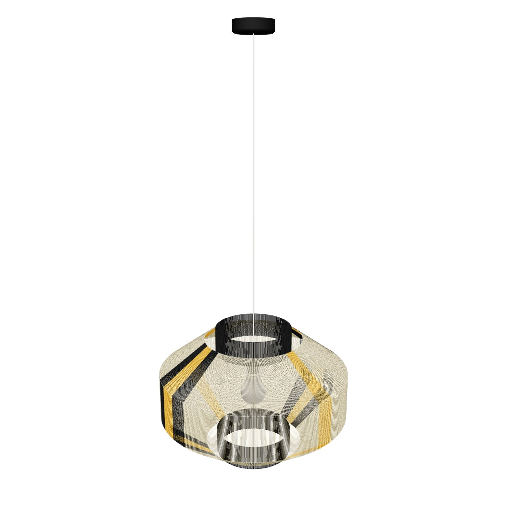 Handmade geometric pendant lamp made from sustainable paper threads in sulphur yellow, yellow orange, and black stripes - WADA NO.7 by Studio Ponce.