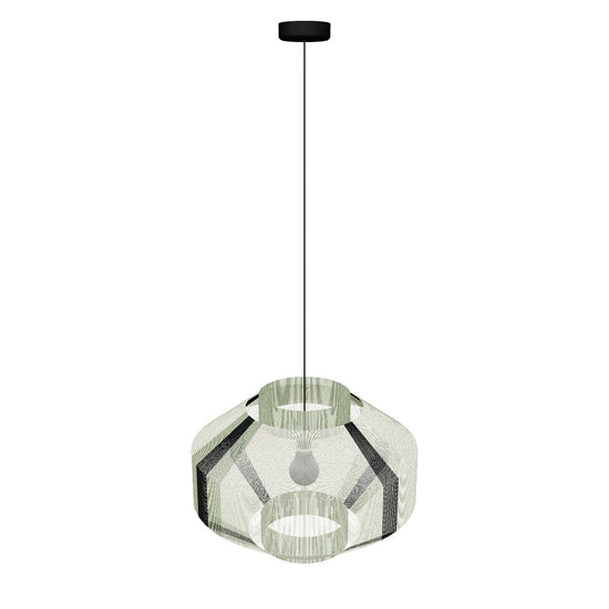 Handmade geometric pendant lamp made from sustainable paper threads in naples yellow, olive green, and black stripes - WADA NO.8 by Studio Ponce.
