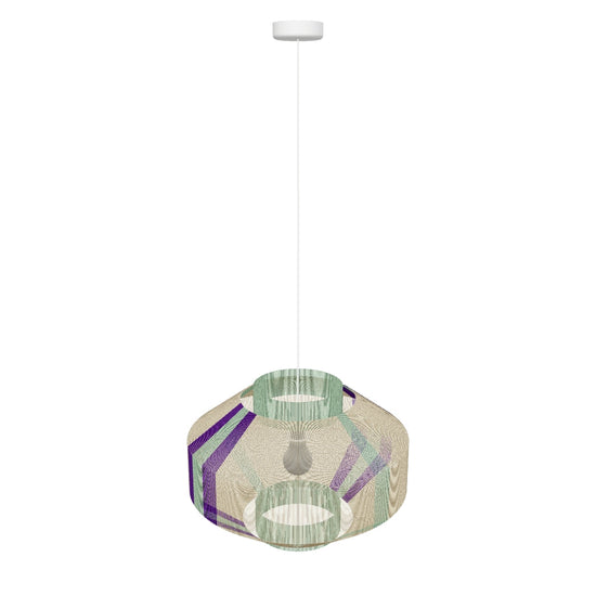Handmade geometric pendant lamp made from sustainable paper threads in light pinkish cinnamon, plum, and greenish glaucous stripes - WADA NO.9